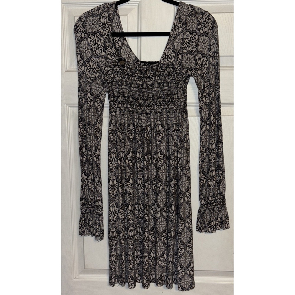 Vtg GUESS Dress M Black Print Knit Smocked Long Sleeve Babydoll Y2K 90s USA Made